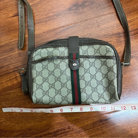 GUCCI Web Sherry Line GG Canvas Shoulder Bag PVC Leather Beige Green Vintage - Picture 13 of 15